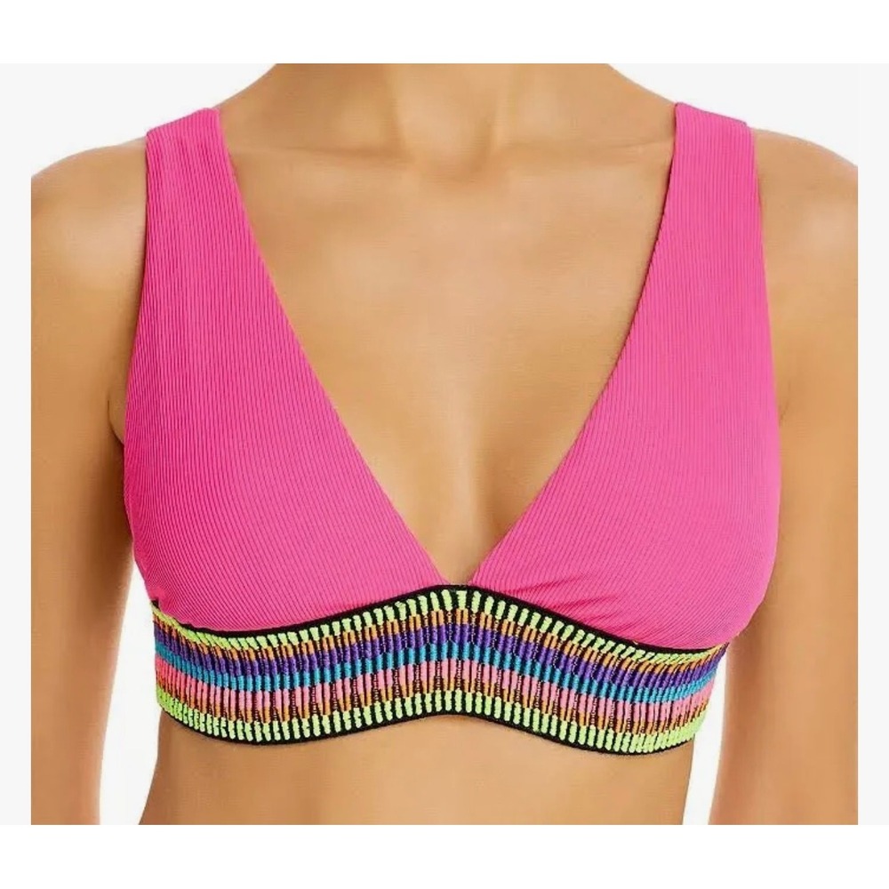 Peixoto "Charlie" Embroideredโ Bikini Swim Top Pink Ruby V-Neck Size Medium NWT